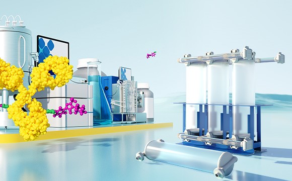 This image shows Pellicon® Capsule in font Mobius® ADC reactor, PAT, Mobius® FlexReady Solution for TFF 