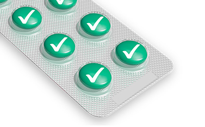 Compendial Testing and Regulatory Guidance 一包绿色药丸,每个药丸都标有白色勾选标记,表示已批准或验证。