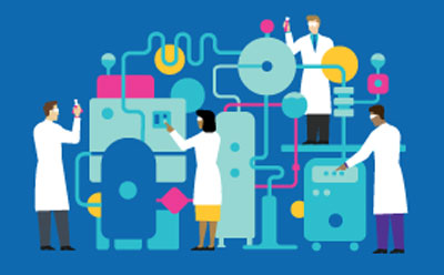 Symbolic image for sampling in a (bio-)pharmaceutical process Symbolic depiction of a (bio-)pharmaceutical process with persons in lab coats working, possibly taking samples.