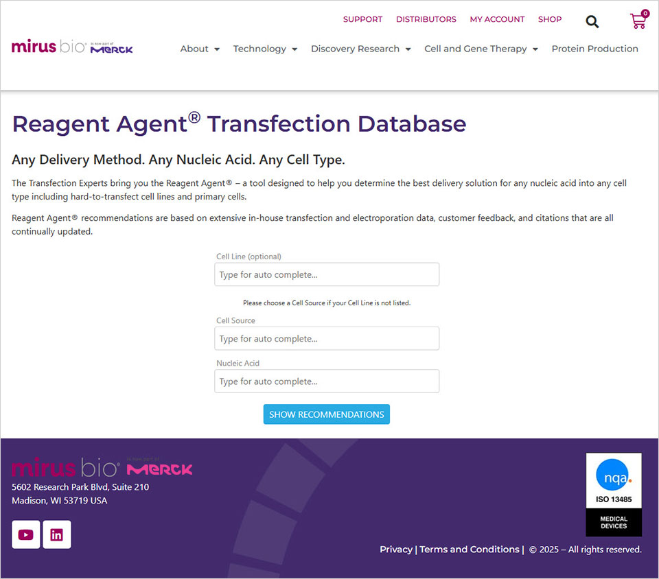Reagent Agent® Transfection Database Screenshot of the Mirus Bio® Reagent Agent® Transfection Database web page