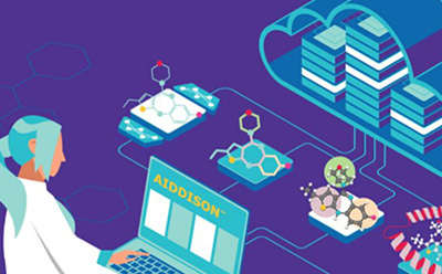 Stylized scientist using a laptop labeled “AIDDISON,” connected to molecular structures, data servers, and genomic graphics.