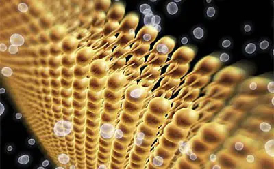 Microscopic view of golden spherical particles arranged in a honeycomb-like structure with floating translucent spheres.