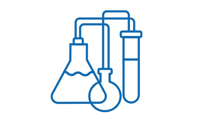 Lead optimization and synthesis stage illustrated with laboratory glassware, representing hit-to-lead development, catalyst selection, synthetic reagents, and chemical synthesis workflows.