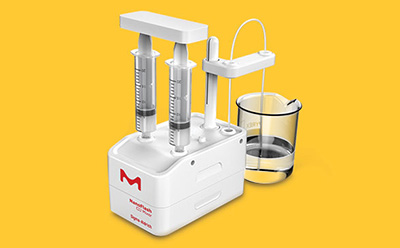 Stylized white laboratory dispenser with three syringes and a glass beaker on a bright yellow background.