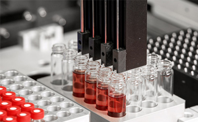 Automated laboratory system dispensing or processing red liquid samples in glass vials arranged in a high-throughput sample tray for compound screening and analytical workflows.