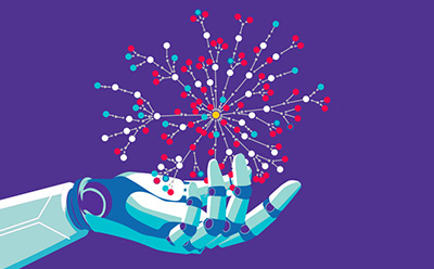 Robotic hand holding a network of connected molecular nodes and data points in a stylized scientific illustration.