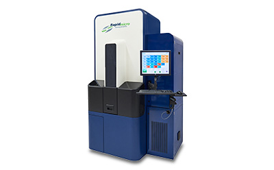 Growth Direct<sup>®</sup>System, An Automated Microbial Quality Control Platform The Growth Direct® System, an automated microbial quality control platform by Rapid Micro Biosystems, featuring a user-friendly touchscreen interface and non-destructive testing capabilities.