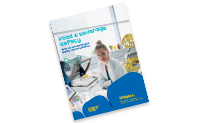 A brochure titled 'Rapid & Beverage Safety' featuring a woman in a lab coat working at a laboratory bench, surrounded by scientific equipment and colorful models.