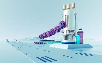 Aaviator laboratory machine dispensing purple beads onto a blue platform beside teal and purple containers.