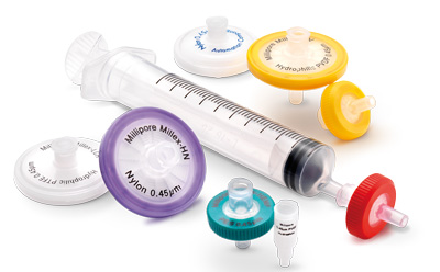 Sample Preparation Syringe and assortment of sterile and nonsterile Millex syringe filters for applications including HPLC, UHPLC, and dissolution testing.