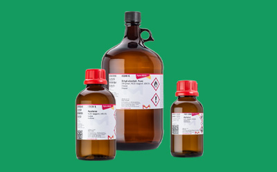 Solvents Three examples of lab solvents in glass bottles avaiable for anayltical chemistry and medical device development and manufacturing.