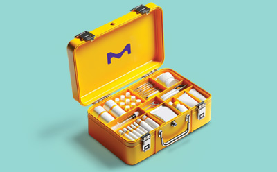 Wound Healing Raw Materials Provider Vibrant yellow first aid kit with lid open to reveal its contents of wound healing tools represents Merck's innovative polymers and biocompatible products for wound dressing solutions.