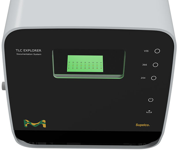 TLC Explorer Open inspection window for safe visual check showing an illuminated plate under an excitation of UV 254 nm.