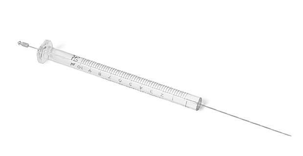 Autosampler syringe with a plunger fitted to a glass barrel used for liquid samples.
