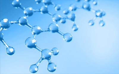Coenzymes Interconnected blue molecular structures floating against a light blue background.
