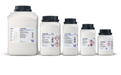 The image displays a series of five white chemical containers with black caps, each adorned with labels and hazard symbols, arranged in ascending order of size against a stark white background.