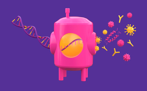 粉色生物反应器，紫色背景上描绘着高产细胞系。
