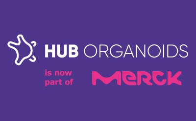 HUB Organoids is now part of {hcompany} 上面写着 "HUB Organoids",下面居中写着 "现在是Merck的一部分"。
