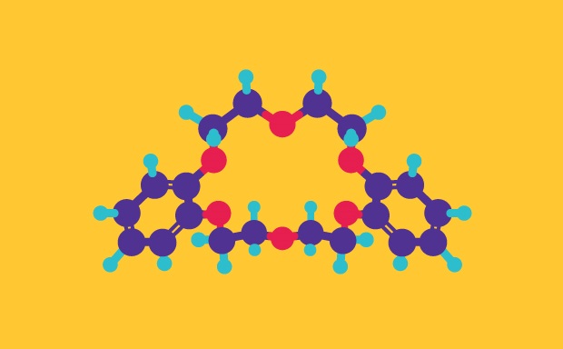 Ball-and-stick model of dibenzo-18-crown-6 molecular structure on yellow background. Purple balls represent carbon atoms, cyan balls represent hydrogen atoms, and red balls represent oxygen atoms. The molecule displays a large, intricate three-dimensional structure with multiple interconnected rings and branching chains throughout.