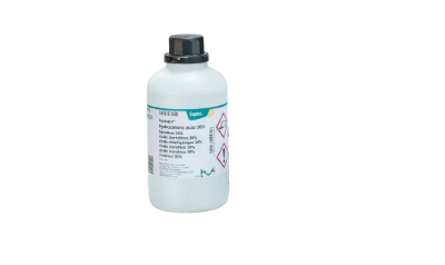 Chemical Bottle A white plastic bottle containing a high purity Hydrochloric acid, labeled with safety information and specifications, featuring a black screw cap.