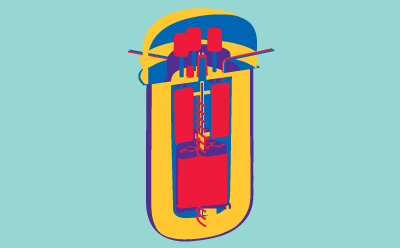 A colorful illustration of a cross-section of a molten salt thermal energy storage device 这是一幅熔盐热能储存装置横截面彩色插图,浅茶色背景上用红色、蓝色和黄色突出显示内部组件。
