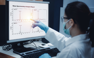 The image depicts a laboratory technician wearing a white coat, blue gloves, and a face mask, focusing on a computer screen that shows a mass spectrometry analysis report. 