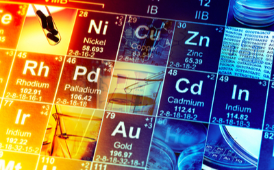 Image shows section of metal elements and their symbols and atomic numbers in the periodic table.