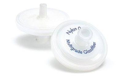 Zoomed photograph of two 33 mm Millex<sup>®</sup> syringe filters with glass fiber filter