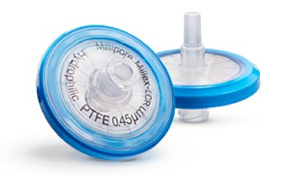 Zoomed photograph of two 33 mm Millex<sup>®</sup> syringe filters with hydrophilic PTFE membrane