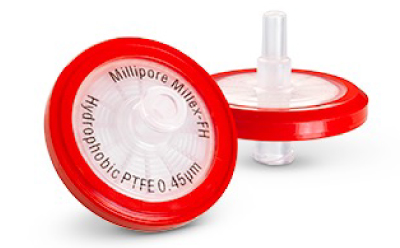 Zoomed photograph of two 33 mm Millex<sup>®</sup> syringe filters with hydrophobic PTFE membrane