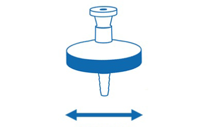 Cartoon illustration of a Millex<sup>®</sup> syringe filter, with a double-headed arrow underneath indicating the "diameter" parameter