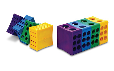 Rotating 4-way racks 产品图片显示四个试管架,分别为紫色、蓝色、绿色和黄色,每侧有不同大小的孔。