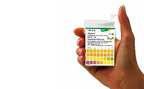 The image depicts a hand holding a pH test strip chart with multiple colored squares, each labeled with a pH value from 0 to 14, against a white background.