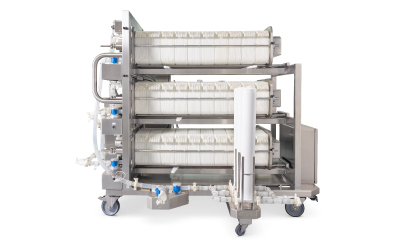 Clarification Filter Holder System for Bioprocessing Clarification filtration system with multiple filter holders mounted on a mobile stainless-steel frame.