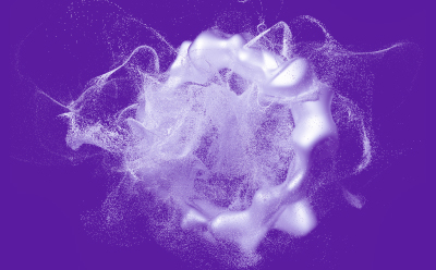API processing Powder particles in a roughly ring-shaped form, possibly airborne or in solution, on purple background.