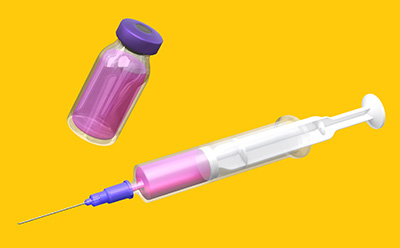 Vial and syringe with pink liquid inside falling on yellow background