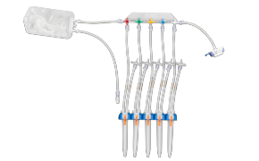 NovaSeptum® SURe accurate volume syringe sampling assembly 一种带有多根管路和彩色接头的医疗器械,可能用于输送或抽吸液体。其主体为白色塑料收集腔,透明管路从中延伸而出,每根管路均配有不同颜色的接头。管路呈平行排列,配有蓝色流量控制夹,末端带有金属针头或接头,用于连接其他设备或患者。