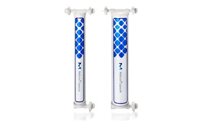 Pellicon capsules with Ultracel membranes in two upright capsules, showing a plug‑and‑play, holderless design.