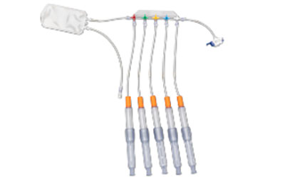 Exemplary containers intended to be used with the NovaSeptum® SURe sampling system: five manifolded syringes with a large drainage bag at one end and tubing at other end of unit. Exemplary containers intended to be used with the NovaSeptum® SURe sampling system: five manifolded syringes with a large drainage bag at one end and tubing at other end of unit.