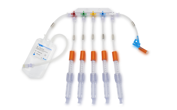NovaSeptum® SURe Accurate Volume Syringe Unit Sterile sampling system with five manifolded syringes. Large drainage bag at one end and tubing at other end of unit.