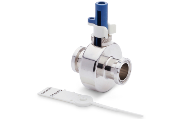 NovaSeptum® GO Ingold holder Stainless steel holder with blue plastic top for inline sample collection. Plastic locking indicator lying next to the holder.
