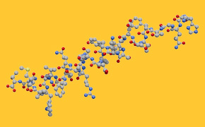 生物标记物和代谢物标准 图片描绘了一个复杂的分子结构,在黄色背景下,不同颜色的原子通过键连接在一起。