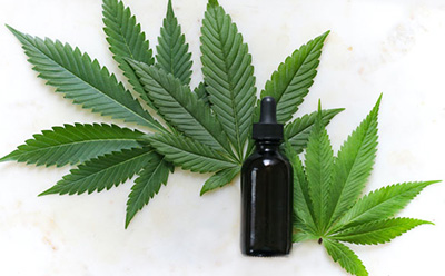 大麻标准 图片展示了一个黑色滴管瓶,瓶子位于白色背景上鲜艳的绿色大麻叶中间,突出了瓶子可能用于盛装大麻油或酊剂。