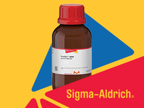 A brown bottle with a red cap sits on a bright, geometric background of yellow, blue, and red shapes; the label shows "Pro Clin 1000" and the Sigma-Aldrich branding.