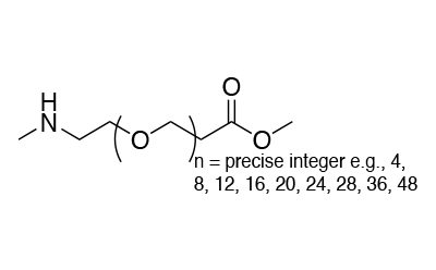 Chemical structure of a discrete PEG (dPEG®) linker showing a defined chain length represented by the integer n, with typical values including 4, 8, 12, 16, 20, 24, 36, and 48. Structural diagram of a discrete PEG linker with an amine group on one end, an ester group on the other, and a precisely defined PEG chain length denoted by the integer n (e.g., 4 to 48 units).