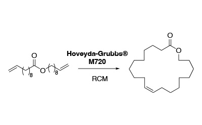 Synthesis of a 20 membered lactone via RCM utilizing Hoveyda-Grubbs® M720. A chemical reaction scheme illustrating the formation of a 20‑membered lactone via RCM using the Hoveyda‑Grubbs® M720 catalyst, showing structural formulas, reaction arrows, and reagent conditions that depict the macrocyclization step central to the synthesis.