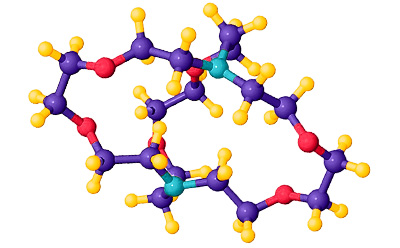 Molecular structure of Kryptofix® 222 Molecular structure of Kryptofix® 222, featuring interconnected atoms with red oxygen, blue nitrogen, purple carbon, and turquoise hydrogen spheres.