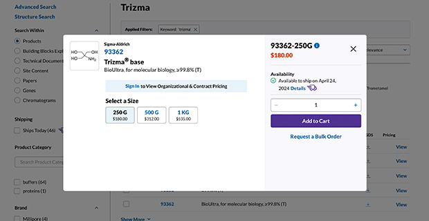 Enhanced Pricing & Availability view in Search 搜索 "中增强的 "定价和可用性 "视图的模态视图,显示更简洁的产品详细信息视图