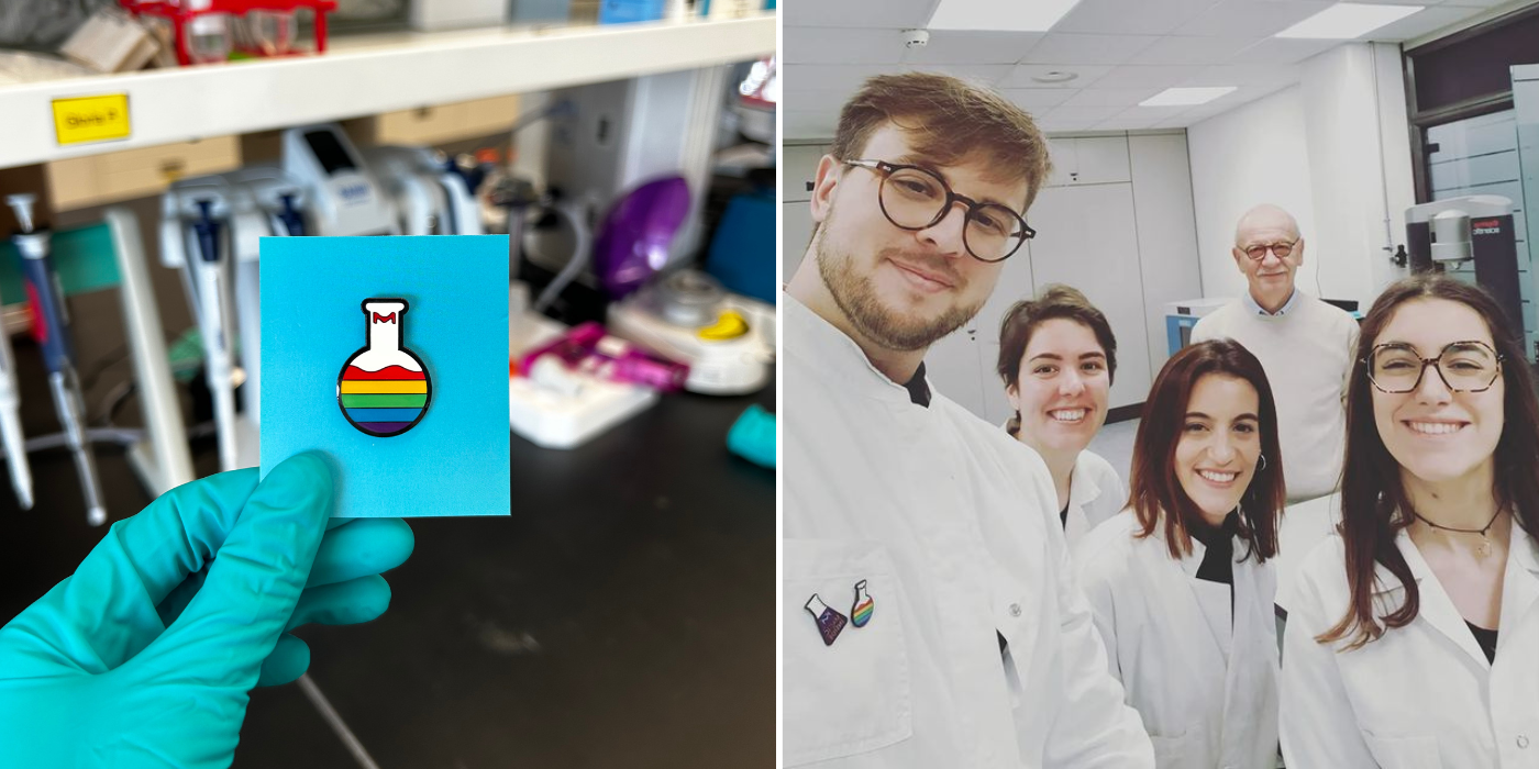 Pride Pin In The Lab 两幅图片--左边是一只戴着手套的手在实验室里拿着一个针,针是一个圆底烧瓶,烧瓶底部有彩虹色的 "液体"。右图,五位科学家在实验室自拍。前景中的四位科学家身穿白大褂,最左边的人戴着眼镜,白大褂上有两个别针。其中一个别针上有彩虹色。
