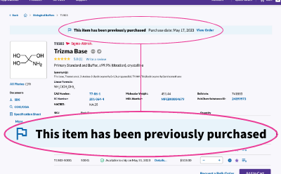 Previous Purchase Banner Product Detail Page 密理博西格玛产品详细信息页面截图,显示以前购买的横幅广告